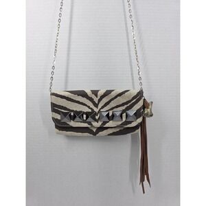 Ted Rossi NYC Zebra Print Canvas Studded Crossbody Bag with Chain Strap Tassel